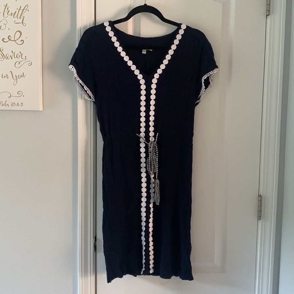 Spense navy white embroidered crochet size‎ 6 drawstring dress midi bohemian